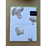 A greeting card with watercolor mushrooms and the text "Holy Shiitakes!"
