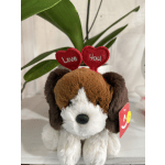 Plush puppy with red heart toppers reading "Love" and "You"