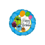 Round birthday balloon with gift boxes and balloons