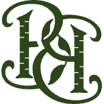 Decorative green monogram with intertwined letters and leaf accents
