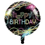 Round balloon with "happy BIRTHDAY" text on a black background