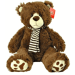 Brown teddy bear with a striped scarf
