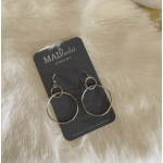 Pair of silver double-hoop dangle earrings on a branded jewelry card over faux fur.