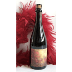 Black wine bottle with a red feather boa and Valentine label