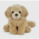 Plush tan puppy toy sitting on a white background