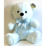 Light blue teddy bear with a satin bow and tag
