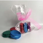 Wrapped assortment of colorful chocolates tied with a pink ribbon
