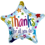 Star-shaped balloon with "Thanks for all you do" text