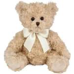 Beige teddy bear with a white ribbon bow