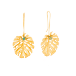 Pair of gold leaf-shaped drop earrings on a white background