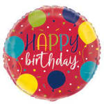 Round birthday balloon with colorful balloons and confetti on a red background