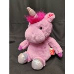 Pink plush unicorn toy with silver horn and hooves