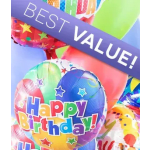 Birthday balloons with colorful "Happy Birthday" text and star patterns