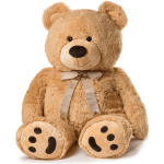 Large tan teddy bear with a ribbon bow sitting on a white background
