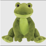 Green plush frog toy sitting on a white background