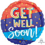 Round foil balloon with colorful "Get Well Soon!" text