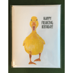 Birthday card with a yellow duck and text reading Happy Freaking Birthday
