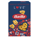 Barilla pasta box with heart-shaped pasta and Valentine hearts