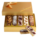 Box of assorted decorated biscotti cookies with a ribbon