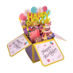 Pop-up birthday card with glittery "Happy Birthday" text and gift icons