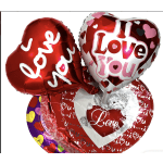 Cluster of heart-shaped Valentine balloons with love messages