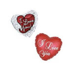 Two heart-shaped red balloons with love messages