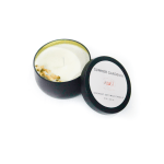 Black tin candle with a lid labeled Summer Gardenia Rose