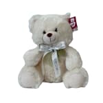 White teddy bear with a ribbon bow and tag