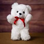 White teddy bear with a red ribbon bow