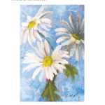 Painting of white daisies with yellow centers on a blue background