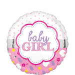 Round pink and white baby girl foil balloon with stars