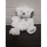 White plush teddy bear with a gray ribbon bow
