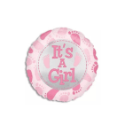 Pink round balloon with "It's A Girl" text and baby footprints