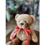 Brown teddy bear with a red ribbon bow
