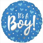 Blue round balloon with hearts and the words It's A Boy