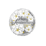 Silver anniversary balloon with white floral graphics and black lettering