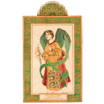 Decorative wooden plaque featuring Archangel Gabriel with green wings and a lily, framed in ornate green and gold.