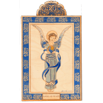 Wooden plaque with blue-bordered illustration of an angel holding a globe labeled Angel of Peace