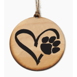 Wooden hanging ornament with a black heart and paw print design