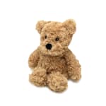 Small tan teddy bear plush sitting on a white background