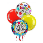 Cluster of colorful birthday balloons with two printed "happy birthday" balloons