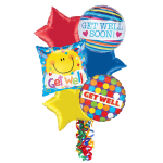 Cluster of colorful get well soon balloons with ribbon tails