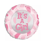 Pink round balloon with "It's A Girl" text and baby footprints