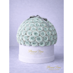 Round box of pale blue roses with a ribbon bow