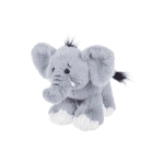 Gray plush elephant toy with white feet on a white background