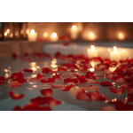 Red rose petals floating on water with candles in the background