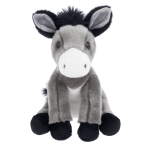 Plush gray donkey toy with black ears and hooves