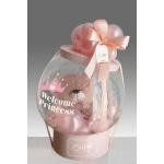 Pink balloon gift box with a teddy bear and ribbon bow