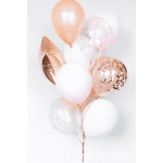 Cluster of rose gold, white, and clear balloons with confetti