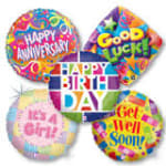 Four colorful birthday balloons with celebratory messages